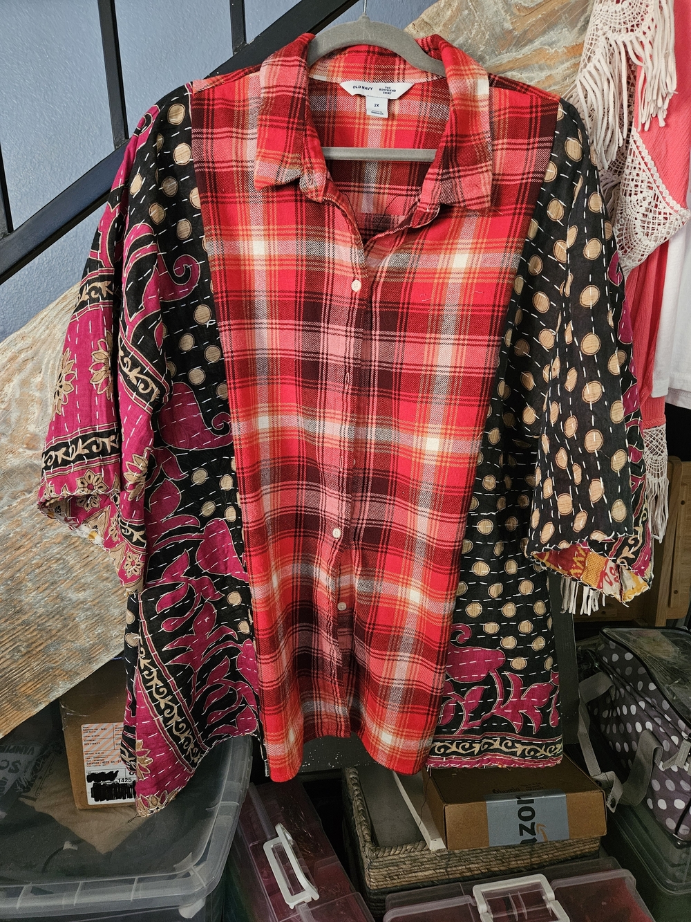 Red Plaid Flannel Button-Up Shirt With Kantha Sleeves